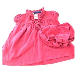 Pink ruffle front dress with matching bloomers